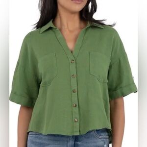 Kut From The Kloth Breland Boxy Linen Blend Button-Up Shirt Size L Green Classic